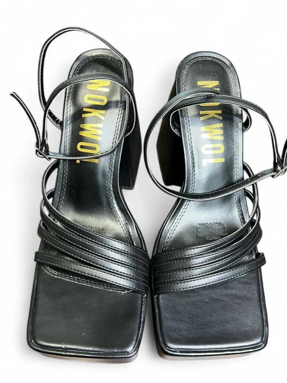 NOKWOL Lulu strappy platform chunky heels in black.